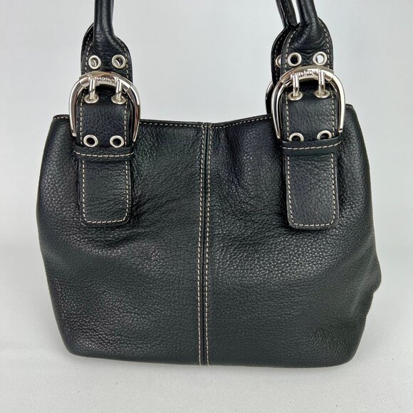 Tignanello Black Leather Purse Handbag Satchel Bucket Bag Buckle Double Handle - Picture 2 of 13